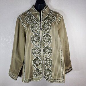 VTG Bob Mackie Wearable Art Beige/green & White Embroidered Jacket 2X Full Zip